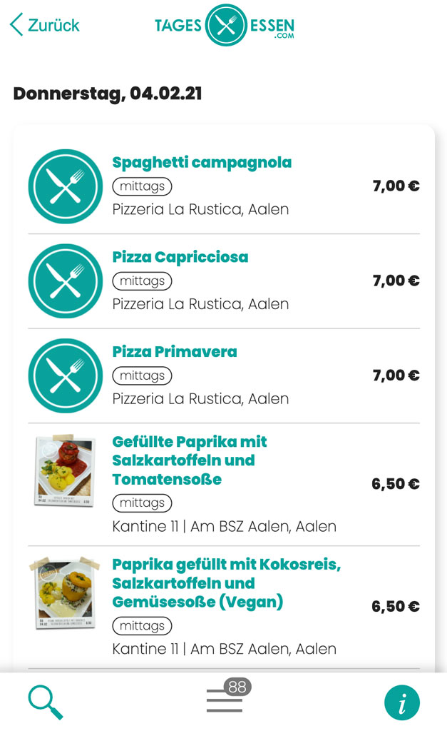 tagesessen.com search result page on mobile